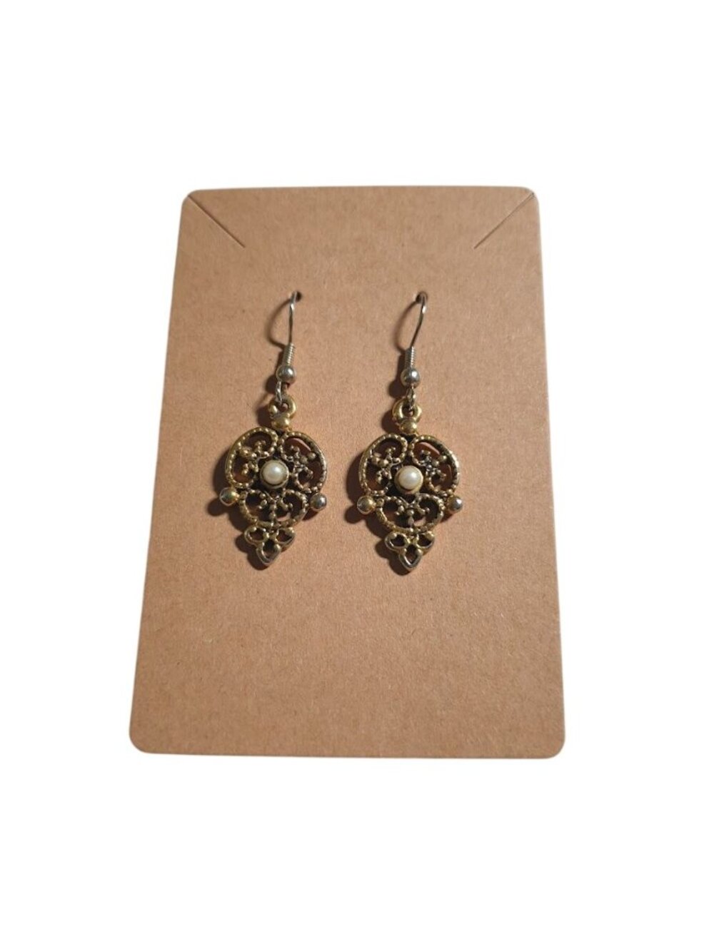 Gold Tone Vintage Drop Earrings Filigree Design Faux Pearl Hook Lightweight Gift